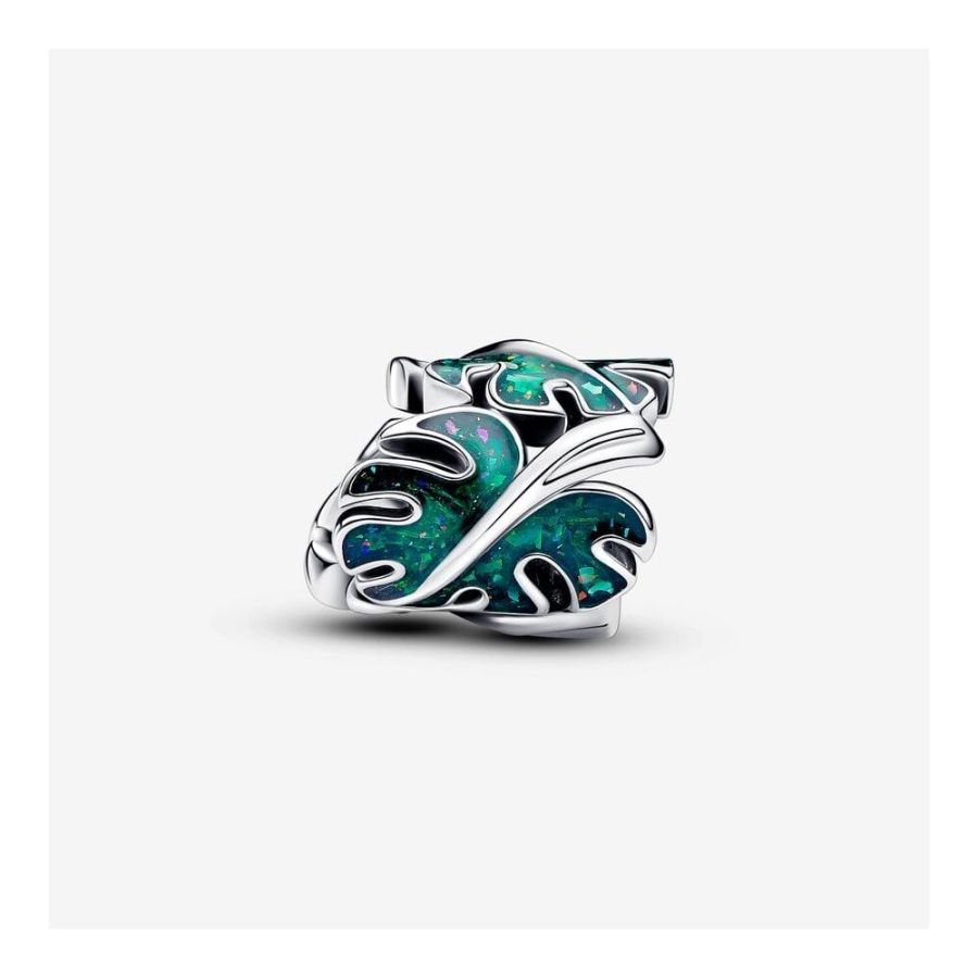 Charm Monstera Blätter Emaille Grün Silber