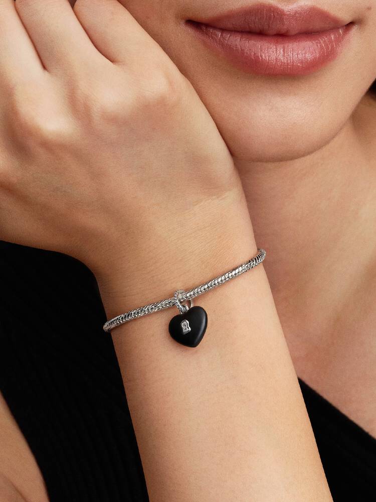 Mattschwarzes Keramik-Herz Vorhängeschloss Charm-Anhänger Sterling-Silber