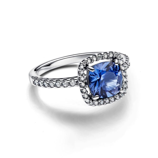 Ring Funkelnder Eckiger Blauer Strahlenkranz Silber