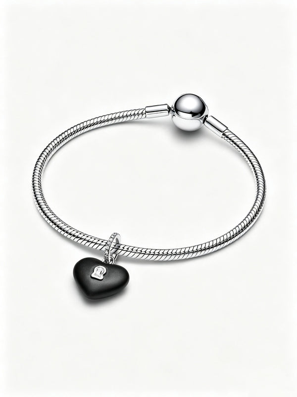 Mattschwarzes Keramik-Herz Vorhängeschloss Charm-Anhänger Sterling-Silber