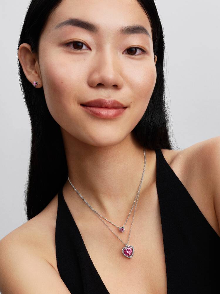 Rosafarbener Strahlenkranz Herz Collier-Halskette Sterling-Silber